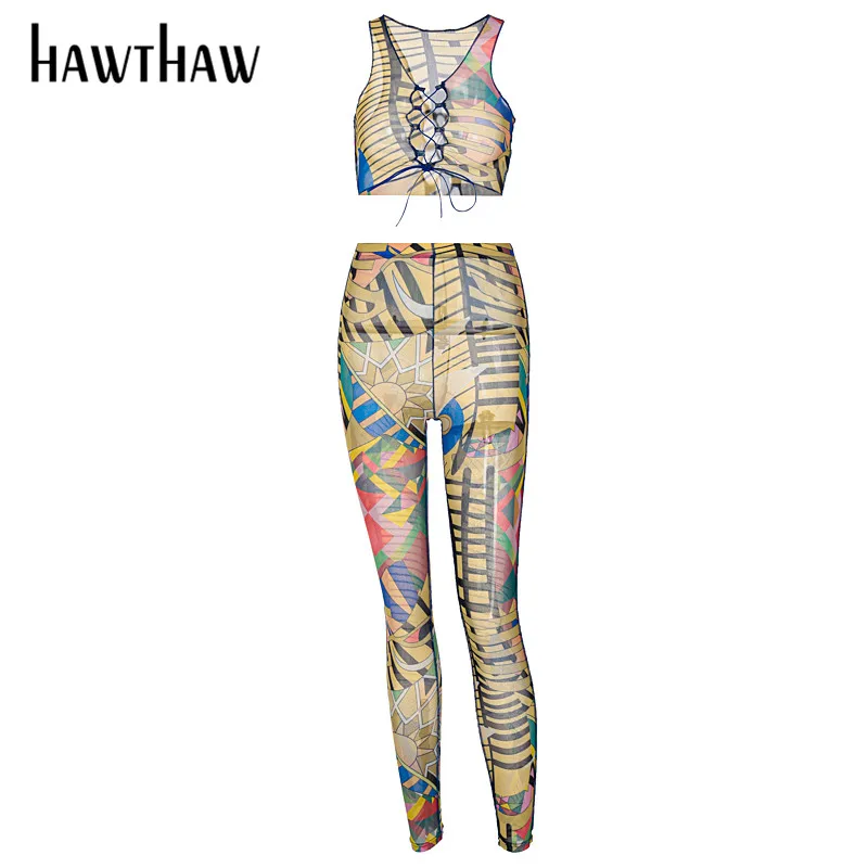 

Hawthaw Women Fashion Summer Hollow Out Short Tank Tops Long Pants Printed Two Pieces Set Suit 2021 Female Clothing Streetwear