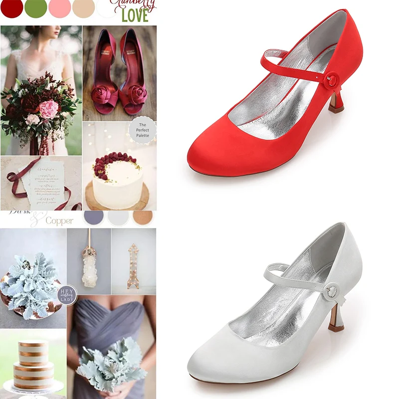 2021 New Round Toe Women's Shoes Satin Mary Janes Ankle Strap Wedding Pumps Daily Working Shoes Mid Heel White Color