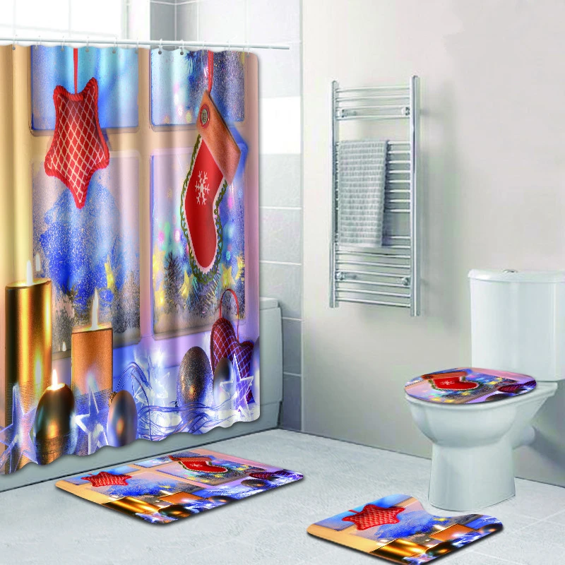 Zeegle Christmas Bath Mat with Shower Curtain Set Toilet U Type Seat Cover Washable Rug Bathroom | Дом и сад