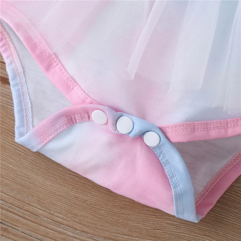 

Baby Girl Cotton Romper Dress Headband Tie-dyed Flying Sleeve Mesh Jumpsuit Splicing Princess Romper Dress for Newborn Girls