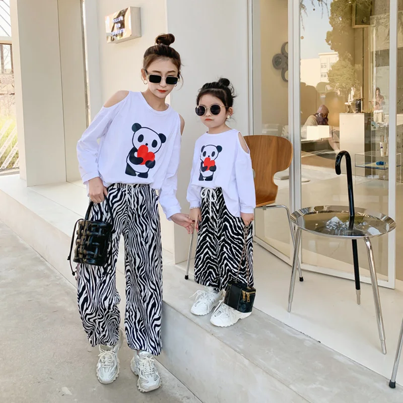 

Family Matching Clothing 2021 New Summer Korean Fashion Girl Kids Pants Casual Mother Stripped Long Trousers For Women