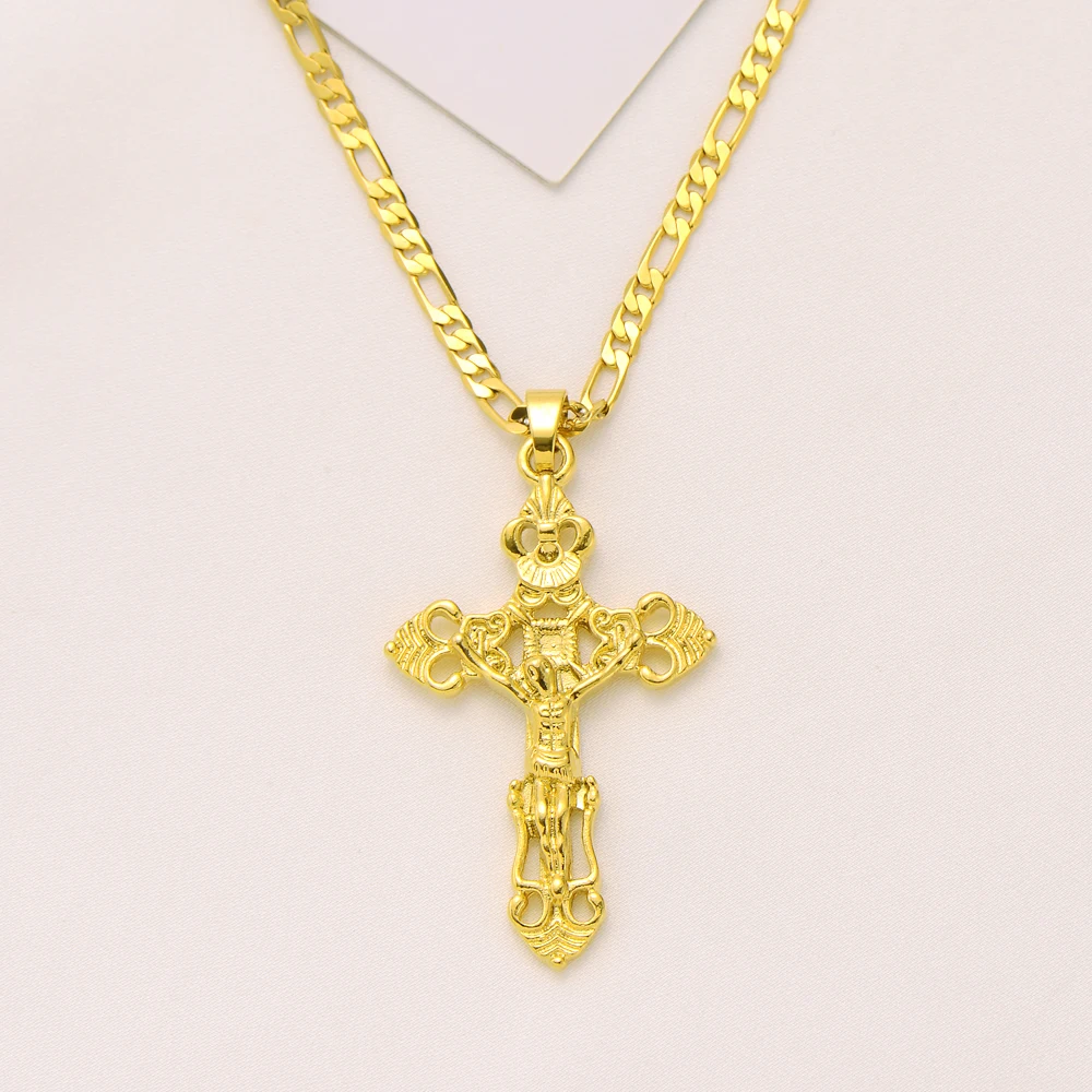 Italian Jesus Crucifix wide Cross Pendant Figaro Link Chain Necklace 18k Yellow Solid Gold GF 24
