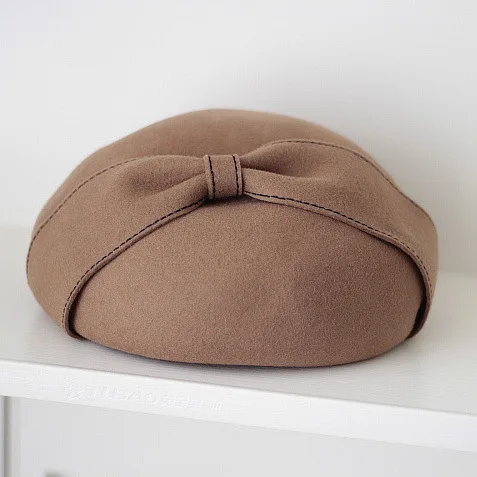 camel BUTTERMERE стюардесса Pillbox головные уборы для женщин шерсть черный осень зима берет дамы бантом свадебные вуалетки шляпы - Цвет: camel
