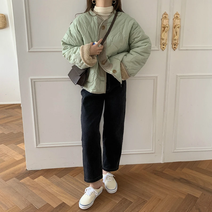 

2020 Women Winter Vintage Bean Green Loose Short Lamb Wool Jacket Coat Button Up Warm Overcoat