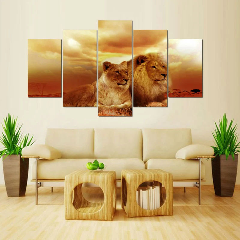 Wall Art Холст Картина 5 Панель животных Львы закат пейзаж HD с модульные абстрактные