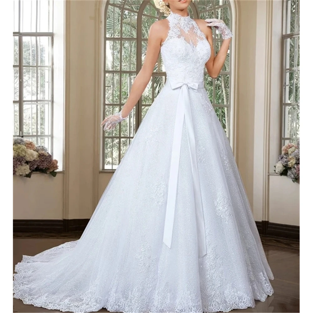 Женское свадебное платье с бантом белое кружевное мечты аппликацией и лямкой на