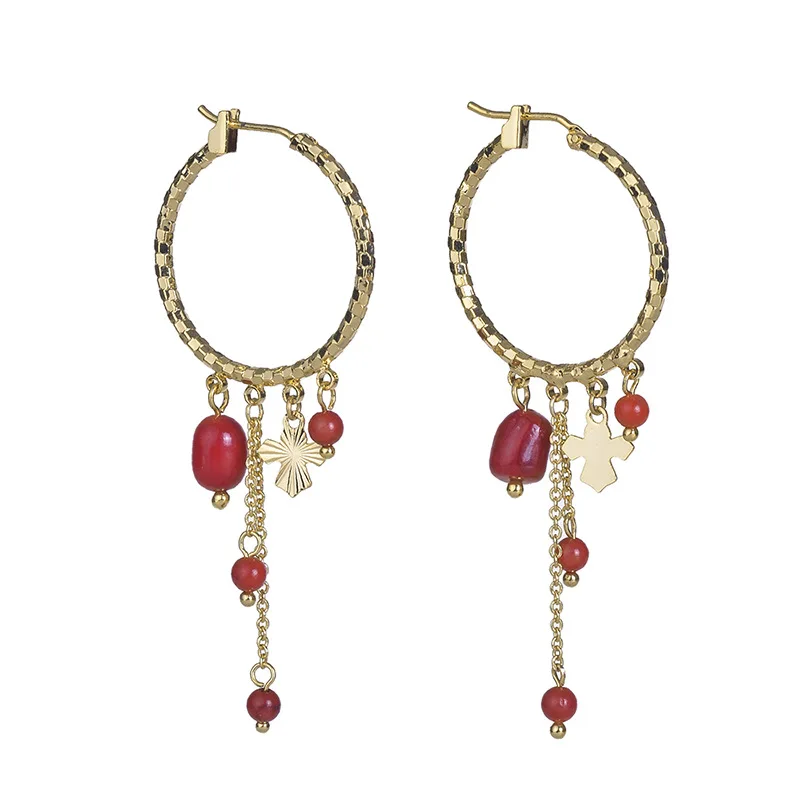 

New Fashion Jewelry Women's Gift Design High Quality Fashion Romantic Ring Red Coral Electroplated 18k Gold C-ring Earrings