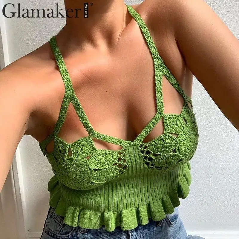 Glamaker зеленая трикотажная Женская сорочка с v-образным вырезом на шнурке, с вырезами, с оборками, сексуальный обрезанный женский топ, осенне-зимние вечерние Клубные кроп-топы