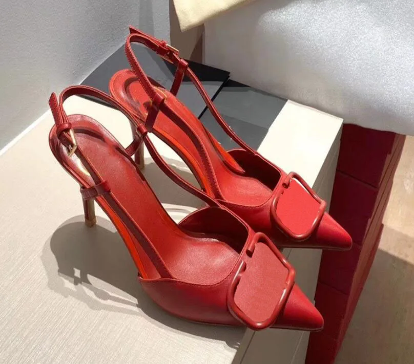 

Brand Women High Heel Sandal 8cm Thin Heel Red Wedding Shoes Genuine Leather Metal V Buckle Single Shoes Sexy Pointed Toe