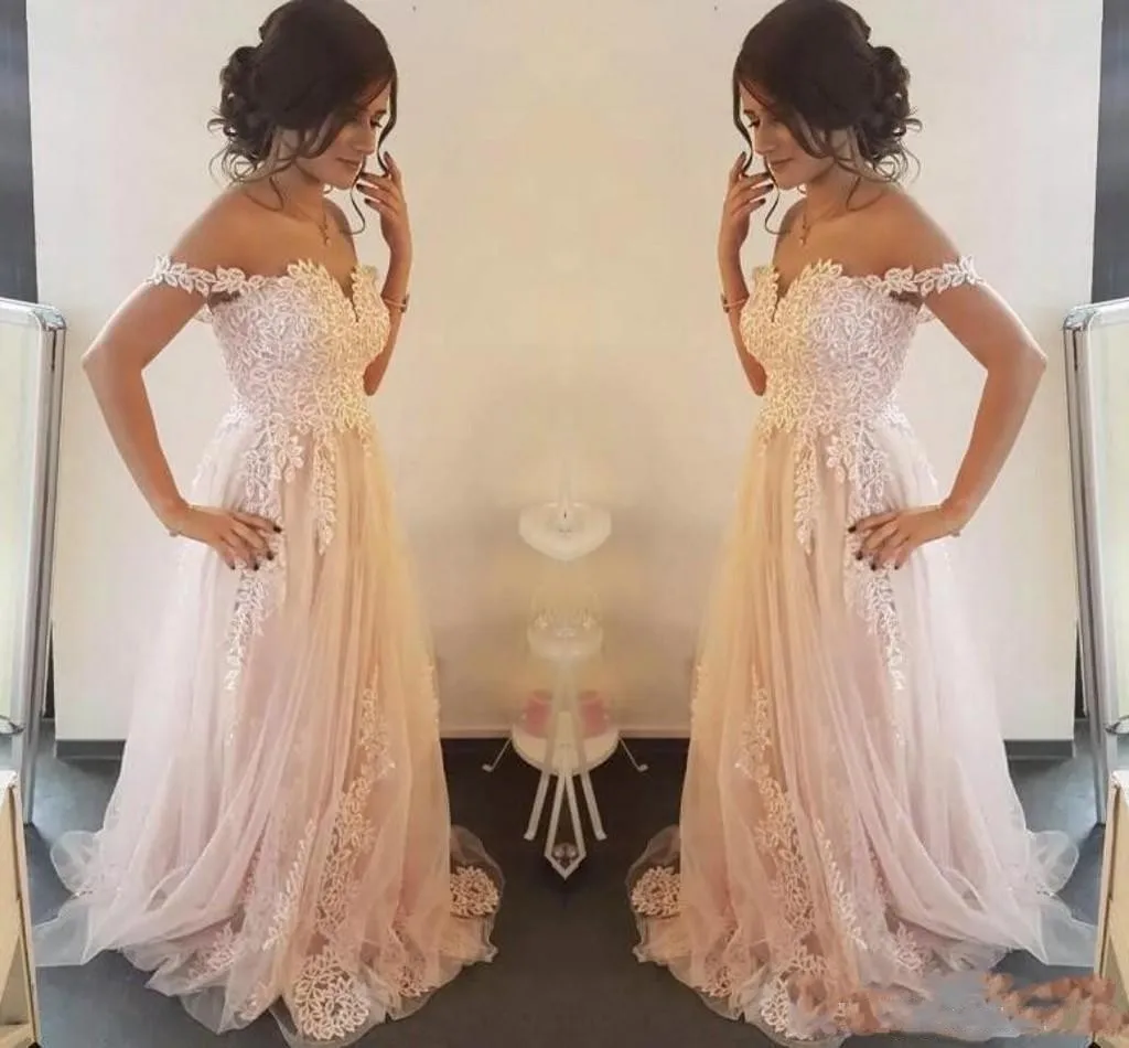 

A Line Blush Pink Lace Evening Dresses 2019 Charming Prom Party Gowns Off Shoulder Romantic Beach Tulle Bridal Gowns Pageant