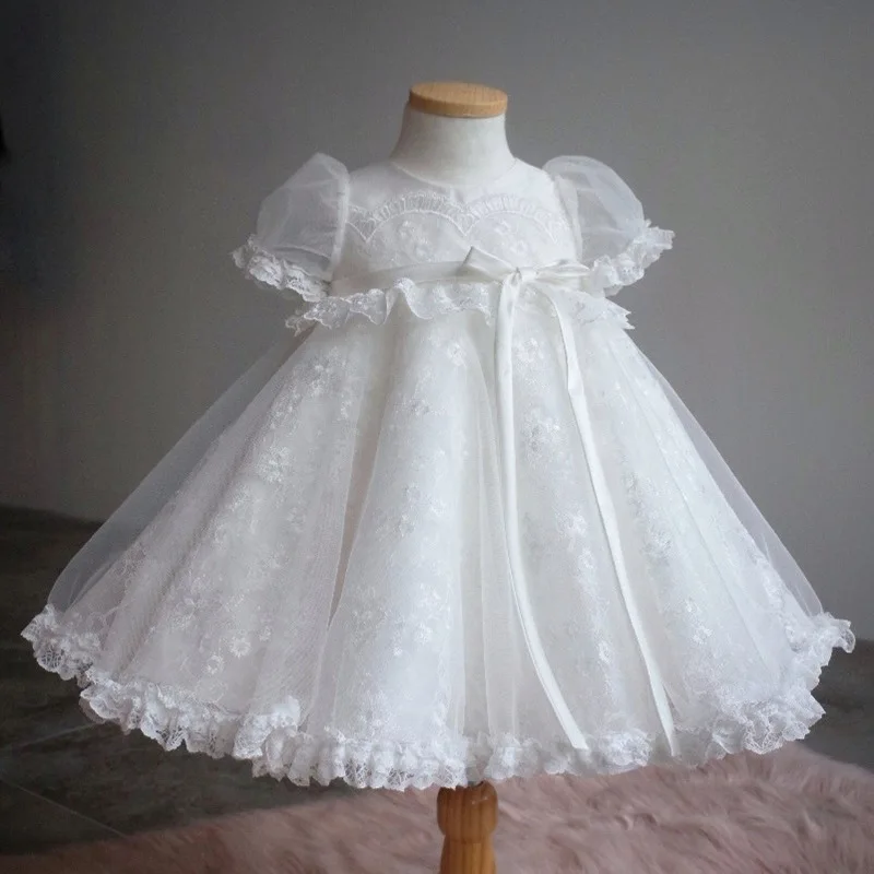 

2021 New White Summer Baby Girls Tutu Dress Anniversary1st Party Wedding Toddler Newborn Dress Princess Lace Edge Ribbon Belt