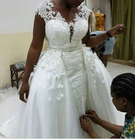 vestidos de novia african lace wedding dresses with detachable train handwork cap sleeves sheer neck plus size bridal gown