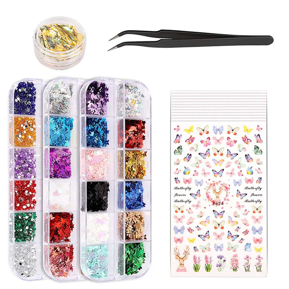 

Paillette DIY Salon Self Adhesive 3D Stickers Rhinestones Sequins Foil Professional Accessories Home Nail Decoration Set Tweezer