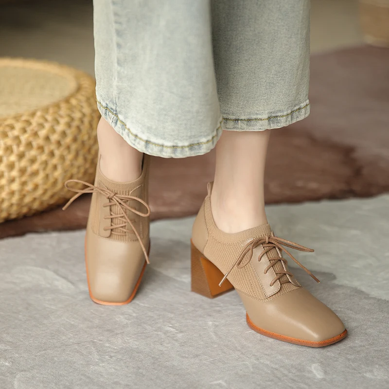 

QUTAA 2021 Genuine Leather Square High Heels Spring Autumn Lace Up All Match Women Shoes Square Toe Basic Female Pumps Size34-39