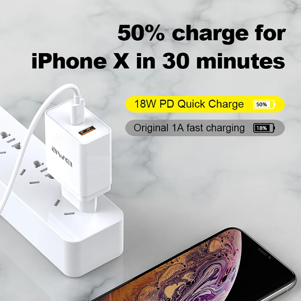 Наушники вкладыши AWEI PD 3 0 QC быстрое зарядное устройство 18W для мобильных
