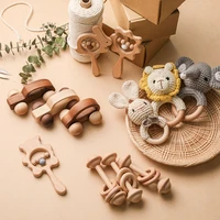 4pcsset baby wooden crochet rabbit rattle toys natural wooden rodent lion teether animal rattle montessori toy car newborn gift