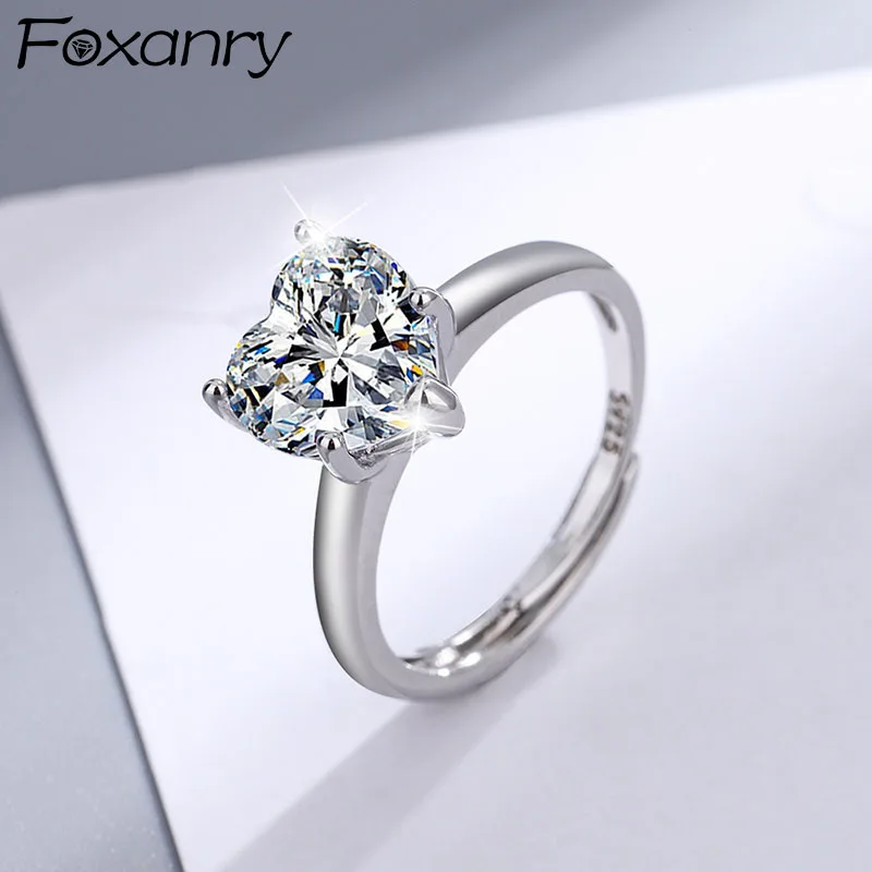 

FOXANRY 925 Stamp Wedding Rings for Women Trendy Elegant Sweet Sparkling LOVE Heart Zircon Bride Jewelry Lover Gifts