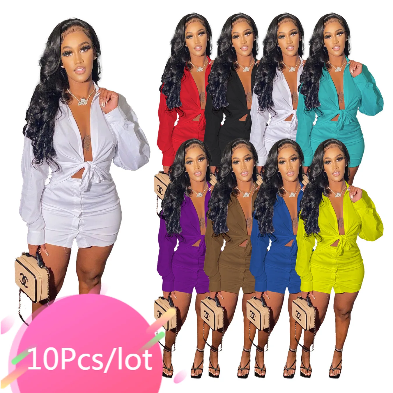 

Wholesale Item Casual Two Piece Dress Sets Outfits Women Solid Long Sleeve Shirt Button Skirt 2021 Fall 2 Piece Matching Sets