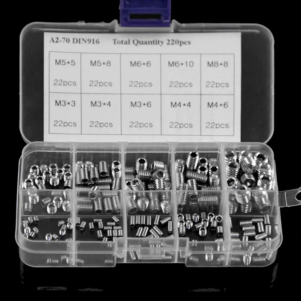 

220pc Hex Set Screw Assortment Kit Stainless Steel Allen Head Socket Woodworking Tools Hardware Fasteners