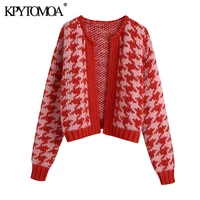 kpytomoa women 2021 fashion houndstooth crop open knit cardigan sweater vintage o neck long sleeve female outerwear chic tops