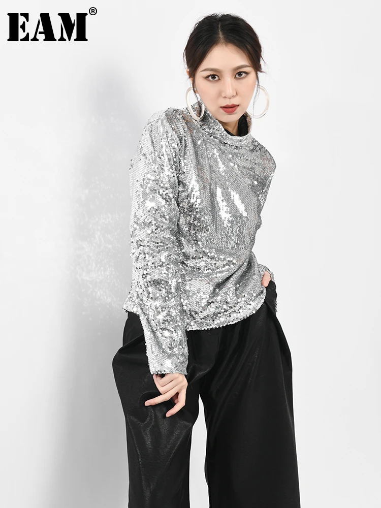 

[EAM] Women Silver Color Sequins Shining Cool T-shirt New Turtleneck Long Sleeve Fashion Tide Spring Summer 2021 WC83910