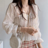 zoulv 2021 chic hollow v neck blouse korean fashion flower blouses women spring autumn long sleeve elegant office shirt tops