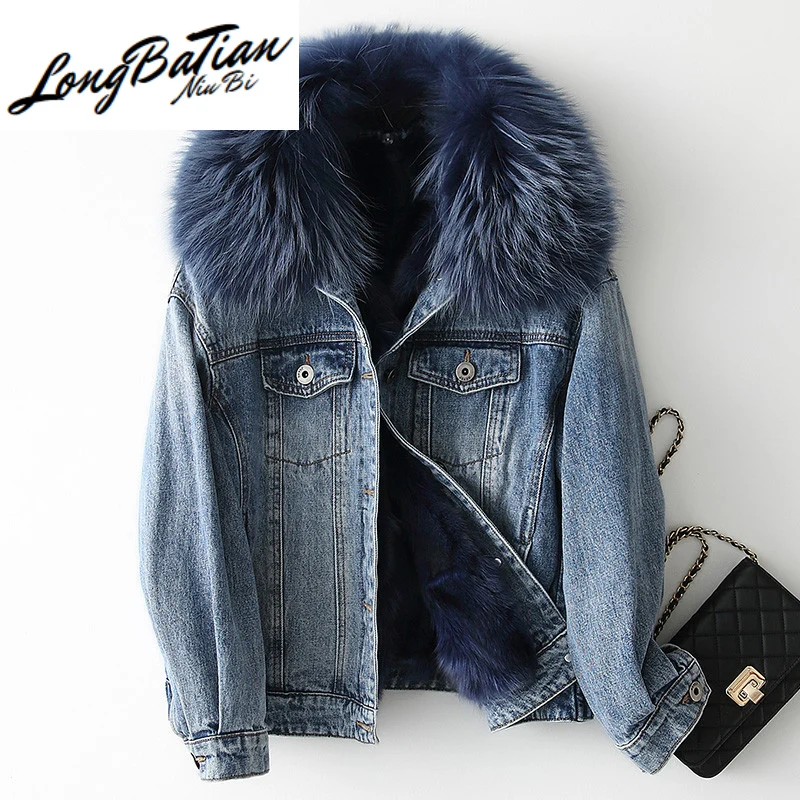 Женская парка с натуральным лисьим мехом зимняя джинсовая куртка воротником из