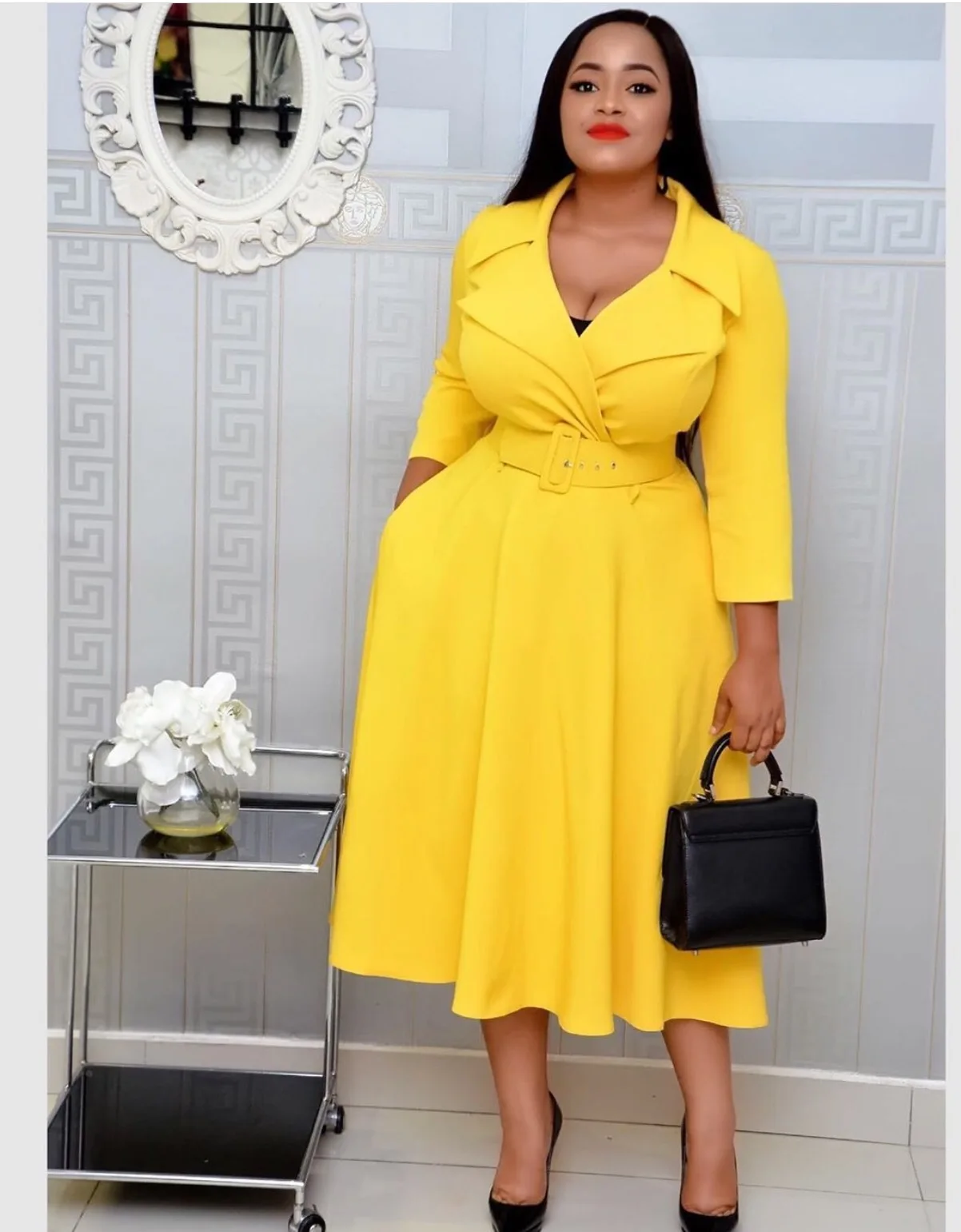 

2021 Autumn Elegent Women V-neck Yellow Gray Plus Size Knee-length Dress Woman Dress Dresses for Women