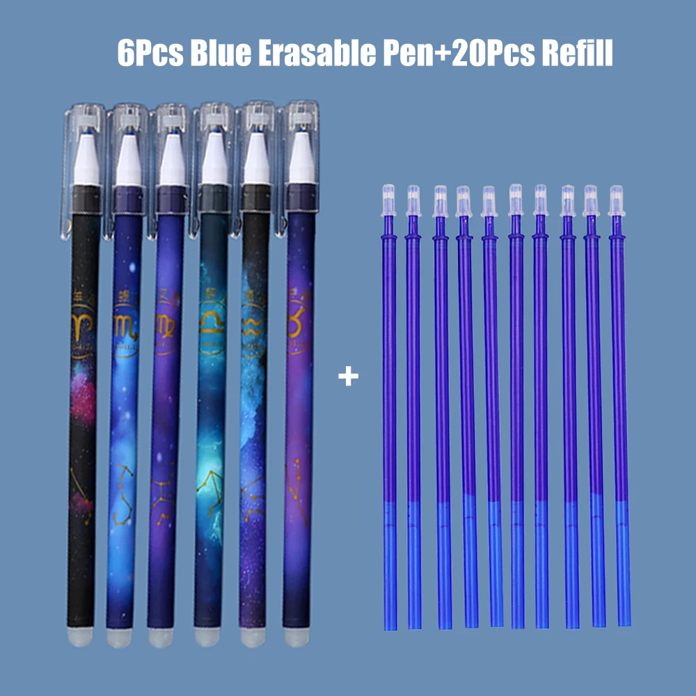 

6+20Pcs/Set 0.5mm Blue Black Ink Gel Pen Erasable Refill Rod Erasable Pen Washable Handle School Writing Stationery Gel Ink Pen