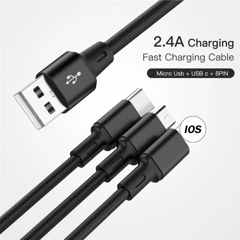 3 в 1 USB кабель для iPhone XS Max X 7 2.4A Быстрая зарядка зарядное устройство type-C Micro USB кабель для samsung S10 мобильный телефон USB C шнур