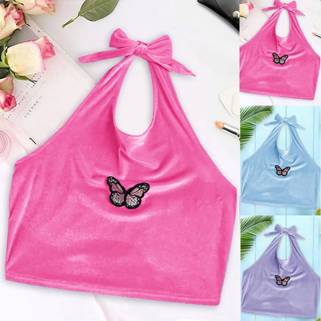 Женский укороченный топ с бархатной бабочкой привлекательный летний на шнуровке
