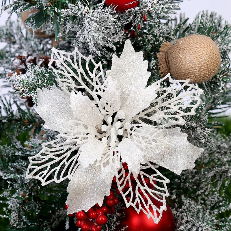 5pcs White Полые Искусственные Рождественские цветы блестящая елка Гирлянда поддельный цветок рождественские украшения для дома подарок Рождественский орнамент Рождество - Цвет: 5pcs White