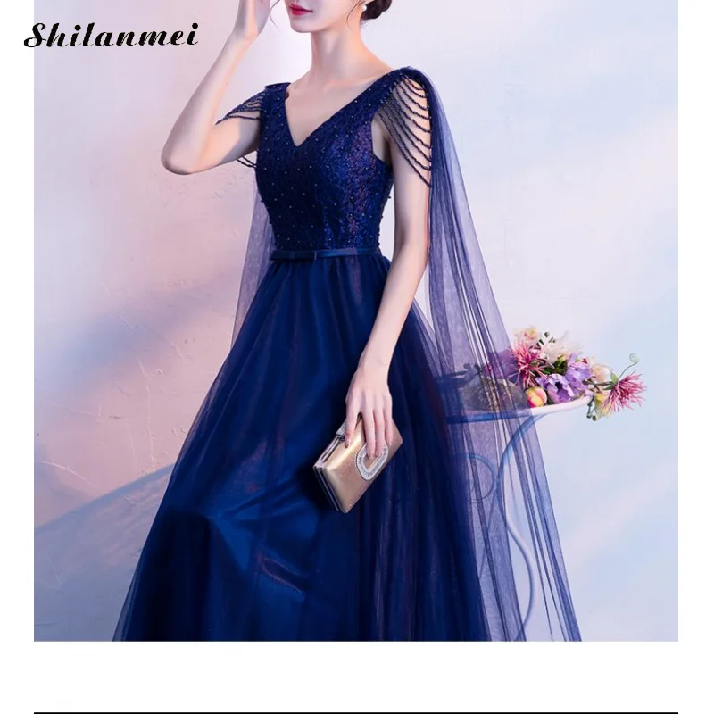 Vintage Cloak Sleeve Evening Party Dress Women Elegant Rolay Blue Sequin Loor-Length Sexy Deep V Long Plus Size Dresses | Женская одежда