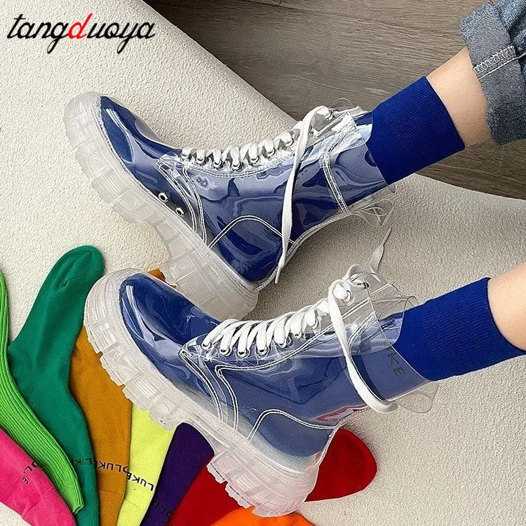 

Fashion Women Rain Boots Mature Ladies Lace-up Waterproof Ladies Shoes Transparent Candy Color Soles Outdoor Girl Shoes