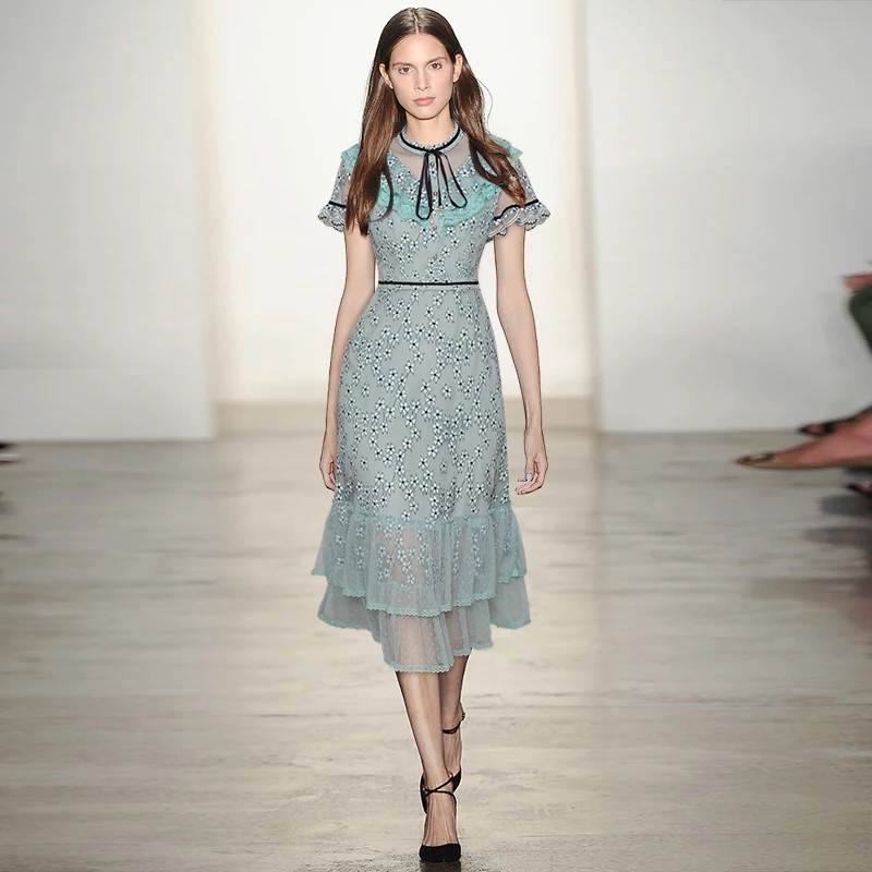 

Gedivoen/летнее модное элегантное вечернее платье для женщин с бантом и воротником; Сетчатое платье с вышивкой и каскадными оборками; Уличные п...