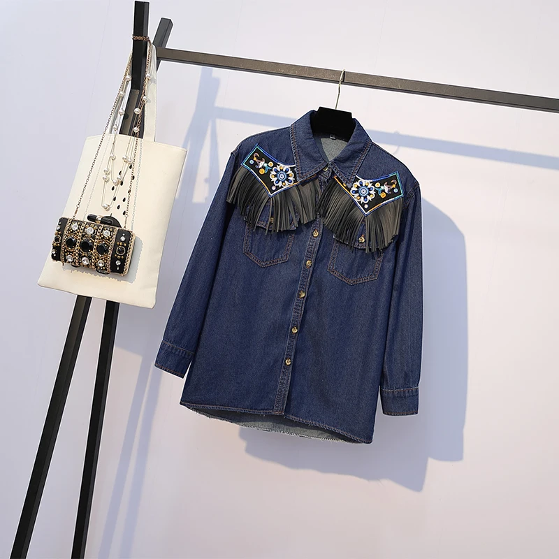 Женское платье с бахромой свободная приталенная джинсовая рубашка большого