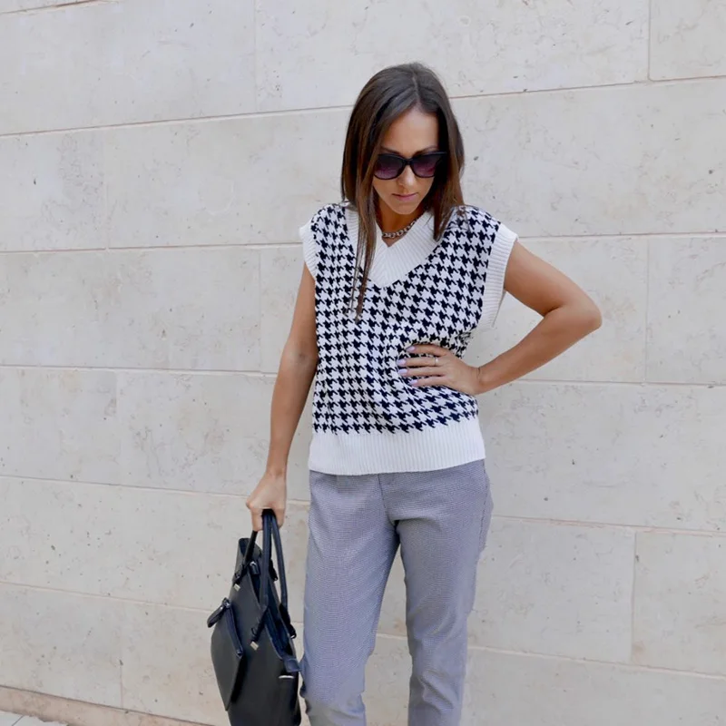 

women 2020 fashion oversized knitted vest sweater V neck sleeveless houndstooth loose female waistcoat chic tops