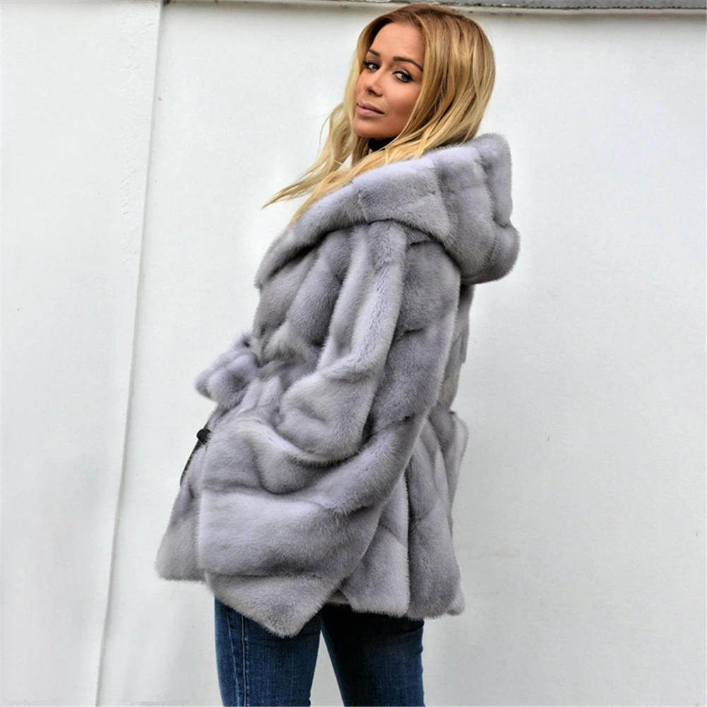 TOPFUR New Fashion Light Grey Mink Coat With Full Fur Hood Batwing Sleeve Winter Natural Fur Coat Women Large Size 70*60cm images - 6