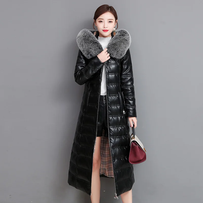 New Women Sheep Leather Down Coat Autumn Winter 2022 Warm Hooded Soft Real Fur Collar Slim Sheepskin White Duck Down Overcoat