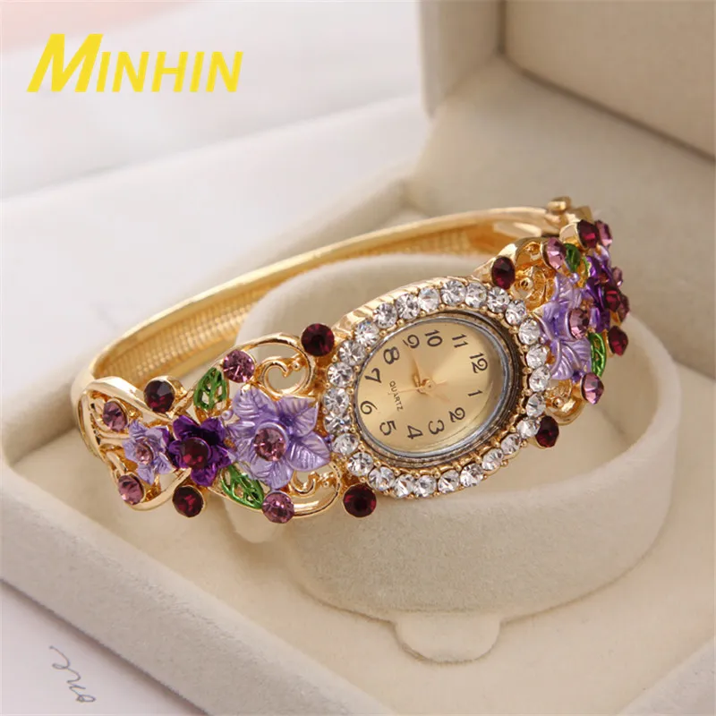 Роскошные женские часы бренд MINHIN браслет с цветком и кристаллами милый подарок