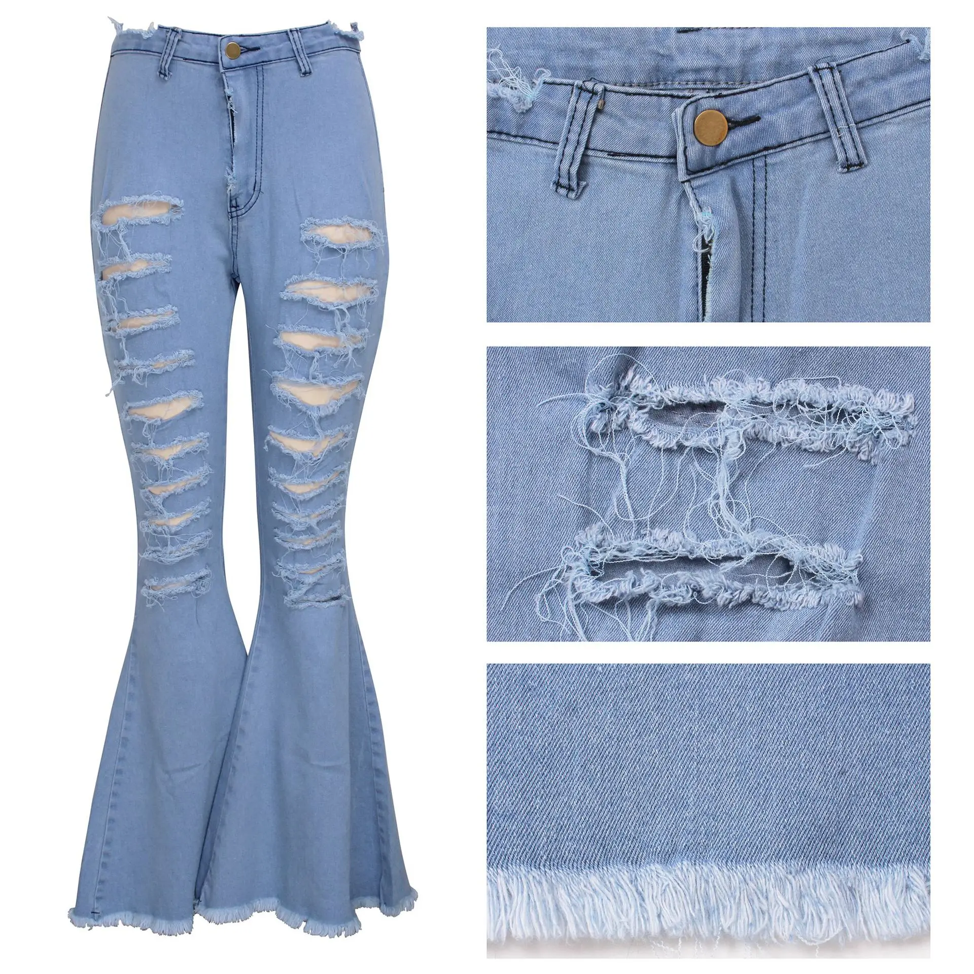 

Unique Women Solid Ripped Jeans Big Size Lady Sexy Clubwear High Waist Hollow Out Tassels Bodycon Denim Bell-bottomed Pant