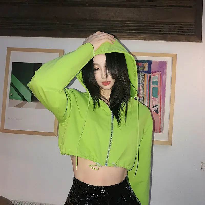 

Женский свитер с капюшоном, универсальный кроп-топ в стиле панк с высокой талией и длинным рукавом, на молнии, 2021