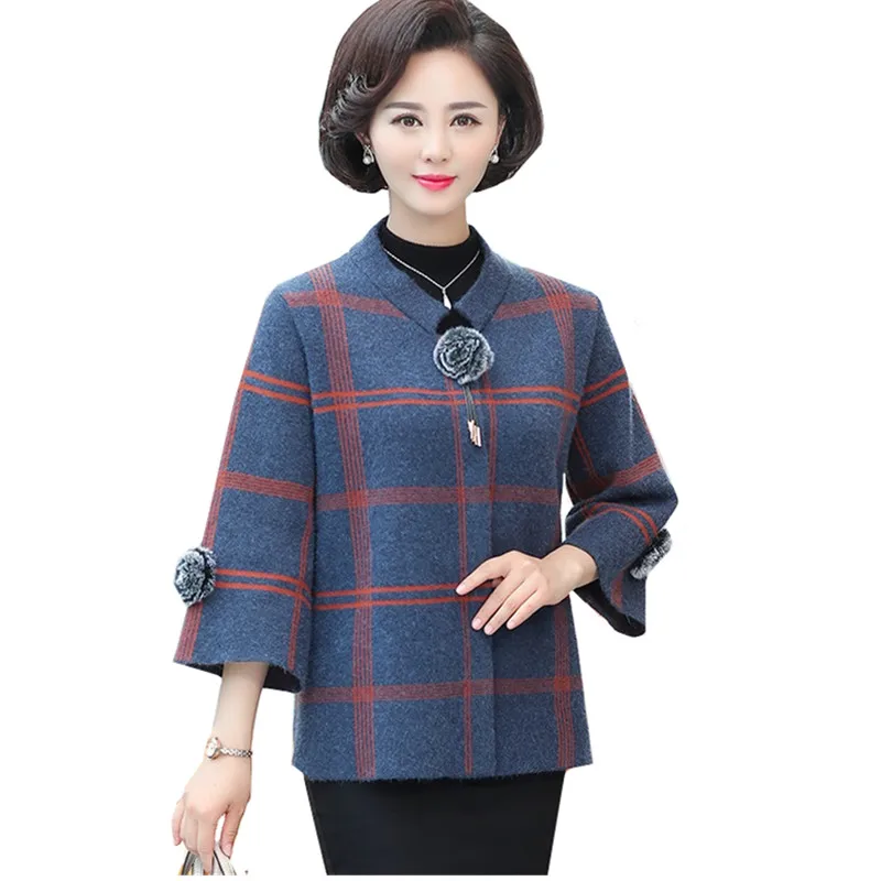 

Mother Warm Knitted Cardigan Coat Autumn Winter Fashion Loose Wool Jacket Middle-aged ladies Plus size Plaid Sweater Outerwears