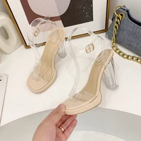 ankle strap thick square heels shoes transparent pvc woman sandals plus39 ladies thick soled clear sandals zapatillas mujer casa