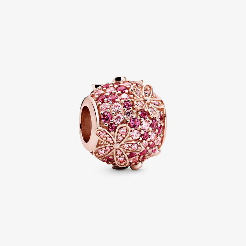 

High Quality Real 925 Sterling Silver Spinning Pink Pave Daisy Flower Charm Beads Fit Original Pandora Bracelet Jewelry Gift