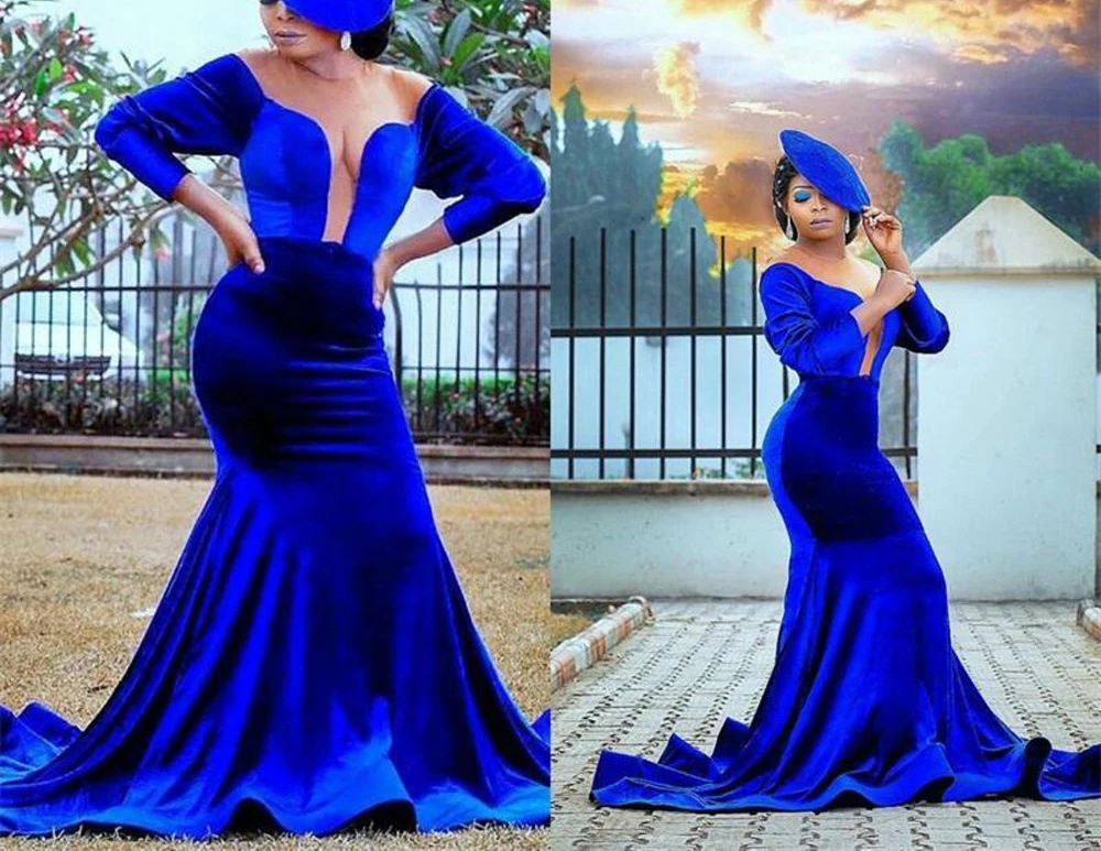 

Женское вечернее платье с юбкой годе, синее велюровое платье до пола с круглым вырезом и рукавом 3/4