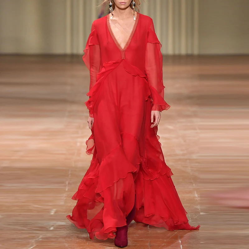 

Fashion Retro V-neck Red Dress Holiday Beach Skirt Elegant Big Swing Lace Long Summer Dress for Women
