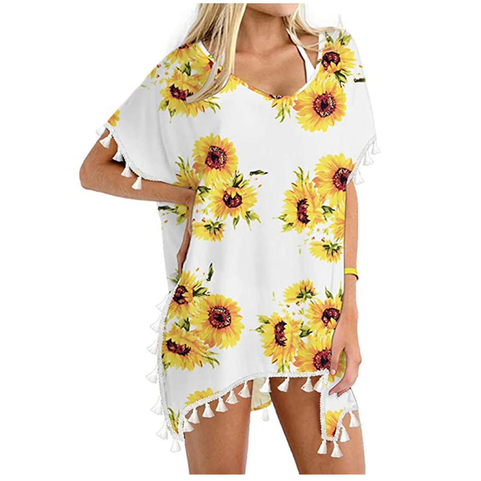

Beach Dress 2021 Summer Floral Swimsuit Print Belt Bathing Suit Women Chiffon Tassels Beach Wear Cover Ups Bathing Suits C2