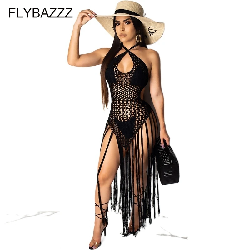 2021 сексуальный вязаный крючком пляжный накидка с длинной кисточкой купальник