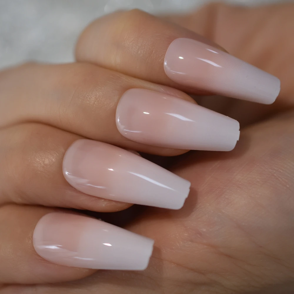 

Glossy Ombre Pink Nude White French Ballerina Coffin False Nail Gradient Natural Press on Ballet Fake Nails Tips Reusable Wear